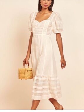 Reformation White Puff-Sleeve Midi Dress with Sweetheart Bodice